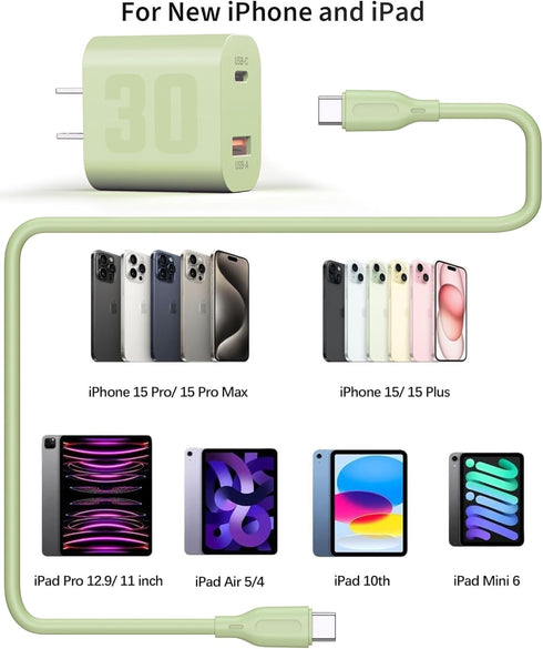30W USB C GaN Charger for iPhone 15, Dual Port Fast Charging Block with Type C Charge Cable 5ft