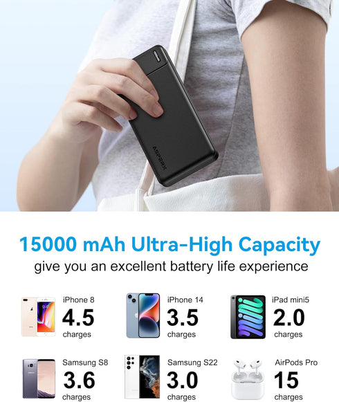 AsperX Portable Phone Charger 15000mAh, 22.5W Fast Charging USB C Battery Pack for iPhone 14/13, iPad, Samsung (Black)
