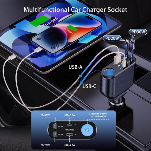 OHLPRO 5 in 1 Retractable Car Charger, 168W USB C Cigarette Lighter Adapter, Fast Charger with Dual USB Ports