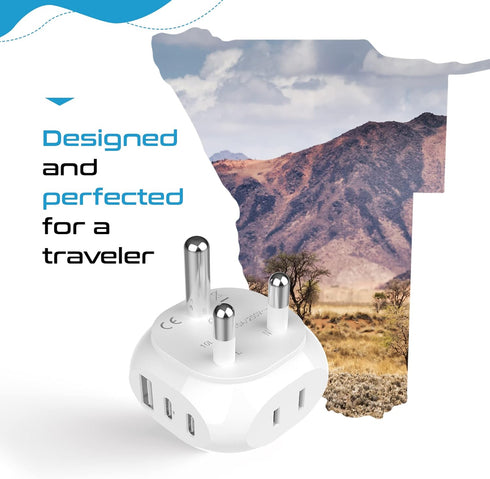 Ceptics South Africa Travel Adapter - 5 Input with QC 3.1A Dual USB and USB-C, USA to Type M Countries, White