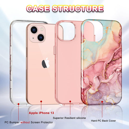 CASEFIV iPhone 13 Case, Rose Gold Marble Pattern, 3-in-1 Heavy Duty Shockproof Full Body Rugged Cover for 6.1" 2021.