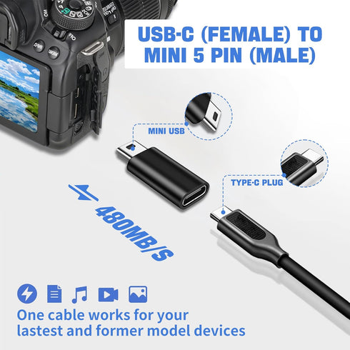 USB C Adapter 4-Pack, 2*C Female to Micro USB Male, 2*USB C to Mini 5-Pin USB Male, Compatible with GoPro, Galaxy
