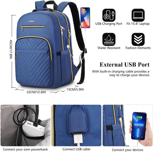 YAMTION 15.6 Inch Laptop Backpack for Women, USB Backpack for Business Work Office, Dark Blue