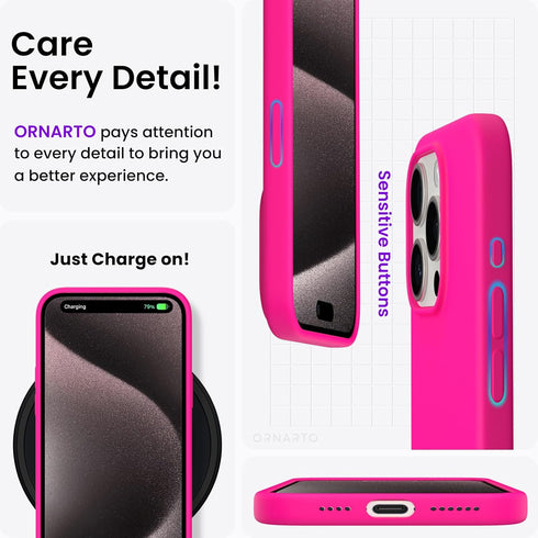 ORNARTO iPhone 15 Pro Max Case 6.7" - Slim Shockproof Soft Gel Rubber with Anti-Scratch Lining - Hot Pink