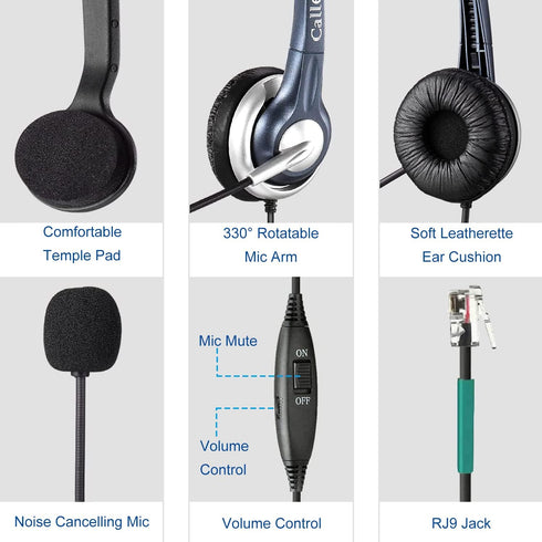 Callez Wired Telephone Headset Mono, Call Center RJ9 with Noise Canceling Mic for ShoreTel, Plantronics, Polycom
