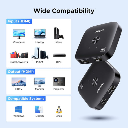 UGREEN 2.1 2 1 8K@60Hz 4K@240Hz 4K@120Hz HDR10+ Dolby 48Gbps 2 PS5 HDMI Switch in Out Ultra HD Supports VRR Atmos HDMI
