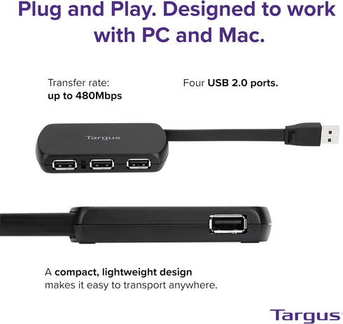 Targus 4-Port 2.0 (ACH114US) USB Hub, Black - Compatible with PC and Mac, Sleek and Travel Friendly