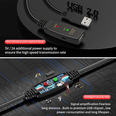 LDKCOK 60FT Active USB Extension Cable 2.0 Male to Female with A Extension Chipset Signal Booster - Active
