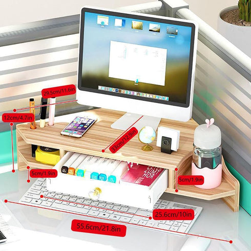 Triangle Monitor Stand Riser, Desktop Corner Shelf with Drawers, Wooden Computer Stand with Storage for Office