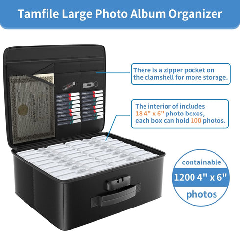 Fireproof Safe Photo Storage Box, 18 Inner Clear Photo Cases, Portable Organizer with Lock and Handle
