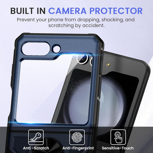 VEGO Galaxy Z Flip 5 Case - Full Body Protection, Screen Protector, Hinge Guard & 360° Ring Kickstand - Navy Blue 2023