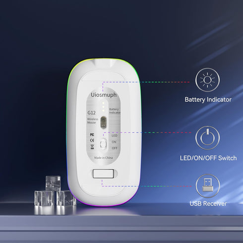 Uiosmuph G12 2.4G LED Wireless Mouse, Slim Rechargeable Silent Mouse, Portable USB Optical Wireless Computer Mice