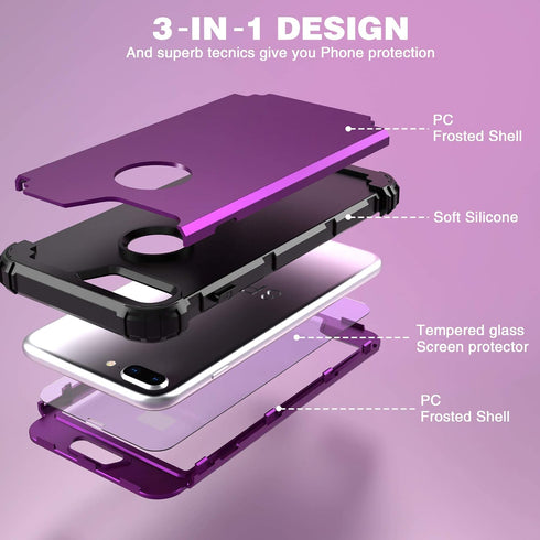 IDweel iPhone 8 Plus Case with Tempered Glass Screen Protector, 3 in 1 Shockproof Slim Hybrid Heavy Duty Cover, Navy
