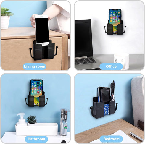 Self-Adhesive Phone Holder with Hooks, Charging Stand for Smartphones, Wall Bracket for Home Office RV, Black