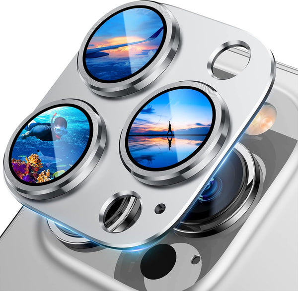 UniqueMe Camera Lens Protector for iPhone 13 Pro/Pro Max - Silver, Metal Ring, Strong Drop Protection, Tempered Glass.