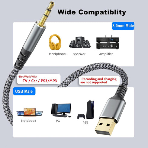 USB to 3.5mm Audio Aux Cable, 10FT/3M USB Male to AUX Male Jack TRS Stereo Cord for PC, Laptop, Speaker, Headphones,