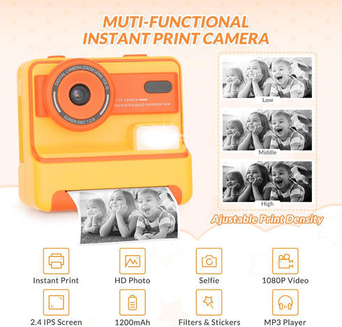 Mafiti Kids Camera Instant Print, 1080P Selfie Digital Camera with 2.4 Inch Display for Ages 3-12 (Orange)