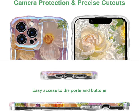 Jusy Oil Painting Flower Pink Compatible iPhone 11 Pro Max Case, Colorful Retro Floral Cute Curly Wave Cover