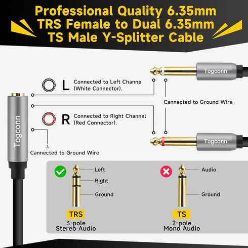 1/4 inch TRS Stereo Splitter Y Adapter - 6.35mm Female to Dual 6.35mm TS Mono Male Jack Audio Cable 1 Feet