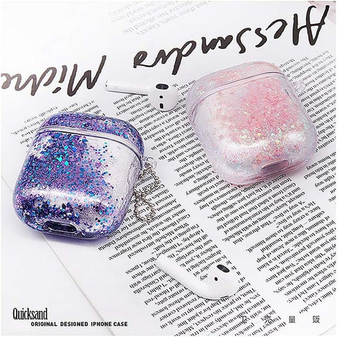 UnnFiko Bling Quicksand Case for AirPods 1/2, Cute Sparkle Liquid Protective Cover with Keychain (Silver Pink)