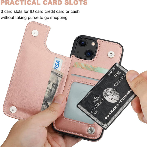 OT ONETOP 13 6.1 Inch(Rose ONETOP Compatible with iPhone Wallet Case with Card Holder, PU Leather Kickstand Card Slots