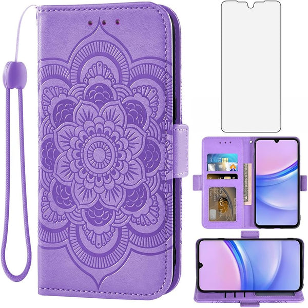 Asuwish Wallet Case for Samsung Galaxy A15 5G - Leather Flip, Tempered Glass Protector, Card Holder, Purple.