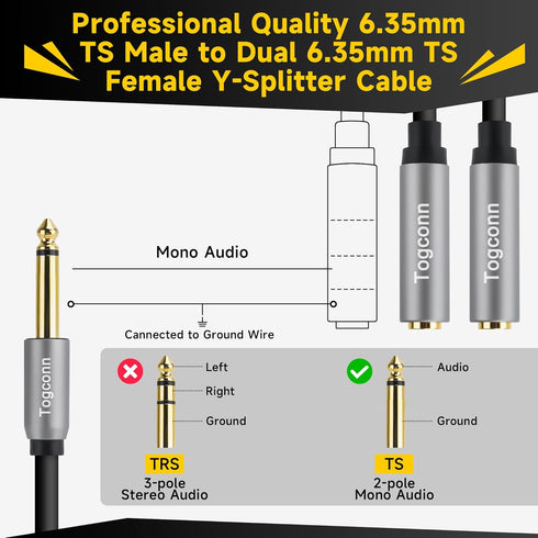 1/4 inch TS Mono Splitter Y Adapter, 6.35mm Mono Male to Dual Female Jack, Quarter inch Audio Speaker Splitter Cable