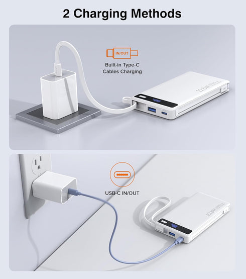 TEMINICE 2 10000mAh, 22.5W Pack, 17 16 15 Power Bank with Built-in Cables PD Slim Portable Charger USB C Battery Travel