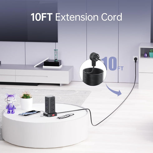 Surge Protector Power Strip Tower, 10FT Extension Cord with 12 AC and 4 USB Ports, Mini Power Strip for Office