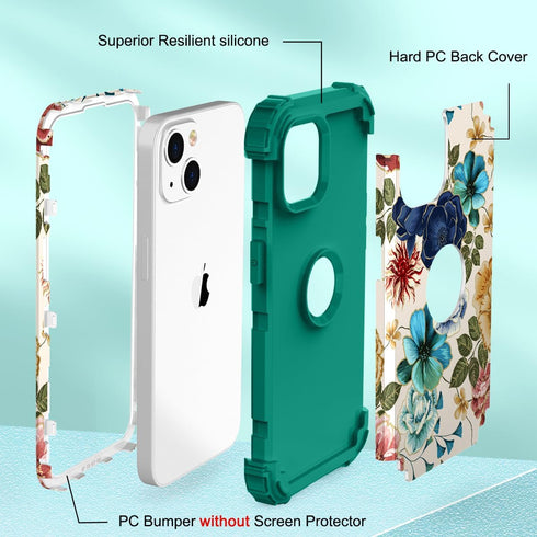 Hocase iPhone 14/13 Case - Heavy Duty Shockproof Protection, Soft Silicone & Hard Plastic Bumpers, Teal Flowers (6.1")