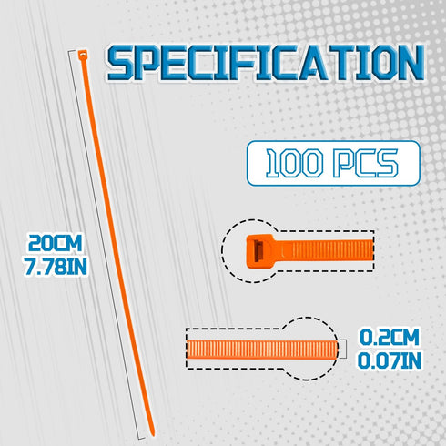 8 inch Cable Ties for Easy-Use Cable Management, 100 Pcs in Orange for Home, Office, and Outdoors