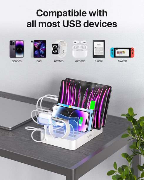 SooPii Premium 6-Port USB Charging Station Organizer for Multiple Devices, 6 Short Charging Cables and One Upgraded