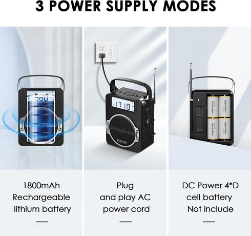 Portable AM FM Digital Radio with Bluetooth, Rechargeable, Loud Speaker, Best Reception for Home Outdoor, Black
