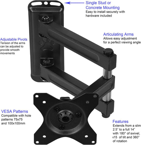 Cheetah 12-49 Inch 40lbs 100x100mm, 10ft 15" TV Monitor Wall Mount for TVs up to VESA with HDMI Cable, TouchAdjust