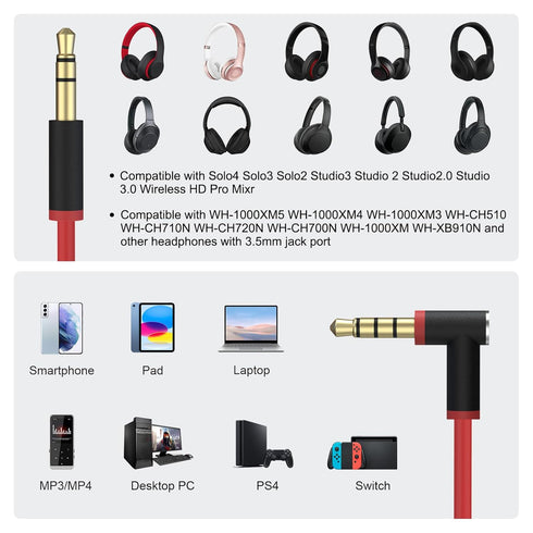 Replacement Audio Cable Cord with In-line Microphone for Beats Solo 2, Solo 3, Studio 3, Pro, Detox, Wireless, 4.6 FT