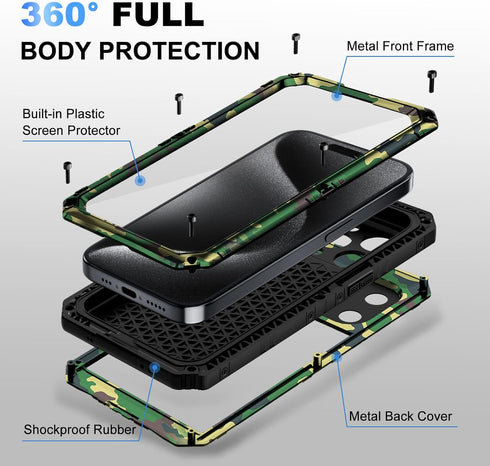 Beasyjoy Waterproof Case for iPhone 15 Pro, Metal Heavy Duty Full Body Protective Case with Built-in Screen Protector,