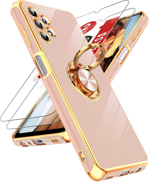 LeYi Pink Case for Samsung Galaxy A32 5G with 2-Pack Tempered Glass, 360° Rotatable Ring Holder & Magnetic Kickstand.