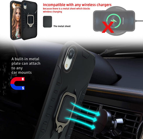 MODOS LOGICOS Case for iPhone XR, Dual Layers Shockproof Protective Case with Built-in 360 Metal Rotating Ring (Black)