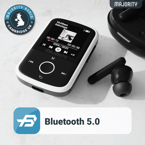 MP3 Player with Bluetooth and Sports Clip, Earbuds Included, Expandable to 128GB, HD Color Screen, 34 Hours Battery
