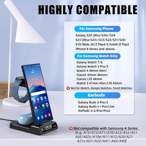 Wireless Charger for Samsung, 3 in 1 Charging Station for Galaxy S24 Ultra/S23 Ultra/Z Flip 6/Fold 6/Buds
