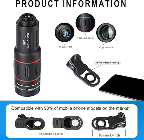MoYinG 36X Telephoto Lens Kit for iPhone and Android Cell Phones, Long Focus Telephoto Phone Lens with Universal Clip