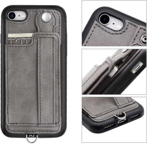 TOOVREN iPhone SE Case 2020/2022 - Phone Lanyard Neck Strap with Card Holder for iPhone 8/7 Wallet Case, Gray