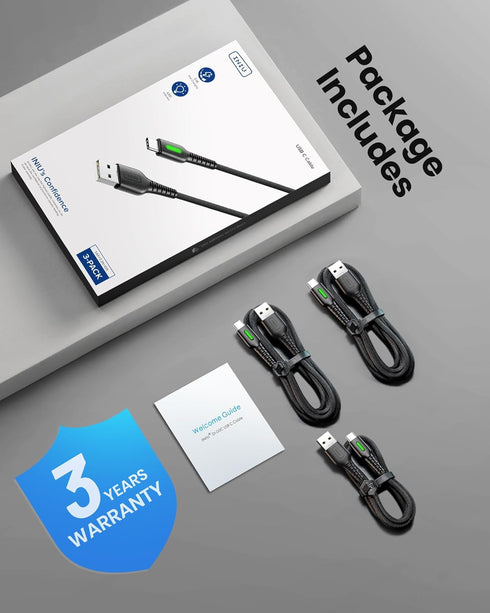 INIU USB to C Cable 3-Pack: 3.1A Fast Charging, 6.6ft*2 + 3.3ft Braided Type C Charger for iPhone 15 Pro Max, Samsung