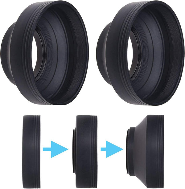 72mm Rubber Camera Lens Hood, Set of 2, Collapsible, Sun Shade/Shield, Reduces Lens Flare and Glare