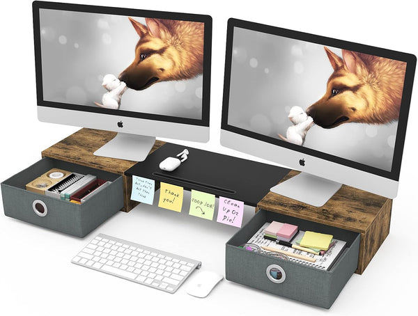 WESTREE Dual Monitor Stand Riser with Two Drawers, Extra Large Storage for 2 Monitors, Desktop Organizer