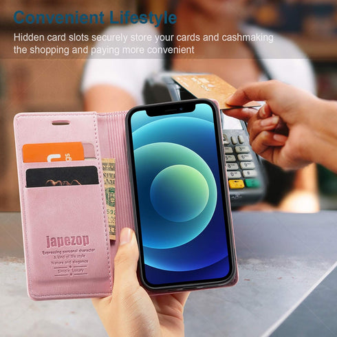 japezop iPhone 12 Mini Flip Case, Pink Leather, RFID Blocking, Card Holder, Slim Fit, Wireless Charging Compatible