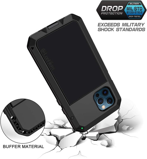 Lanhiem Metal Case for iPhone 12, Heavy Duty Shockproof Rugged Case with Built-in Glass Screen Protector (Black)