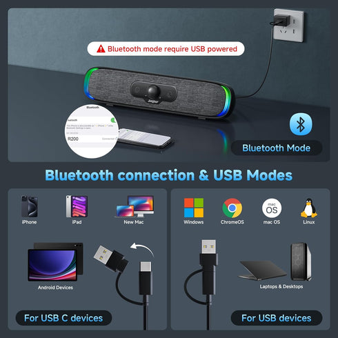 SOULION Computer Speakers, USB C/USB Powered PC Speaker with Colorful LED Lights, Plug-N-Play Wired Bluetooth Sound bar