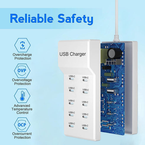 USB C Charger, 10 Ports USB Charging Station, 50W Multi-Port USB C Wall Charger for iPhone 15/14/13/12/iPad/Samsung S23