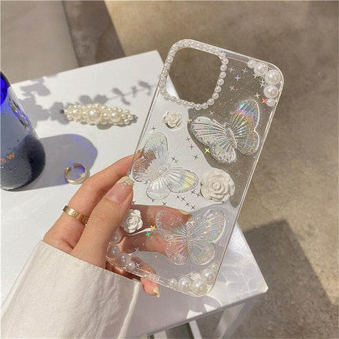 Fycyko Compatible with iPhone 7/8/SE 3D Butterfly Floral Clear with Design Aesthetic Women Teen Girls Glitter Pretty Crystal Sparkle Sparkly Cute Girly Phone Cases Protective Cover+Chain-Clear